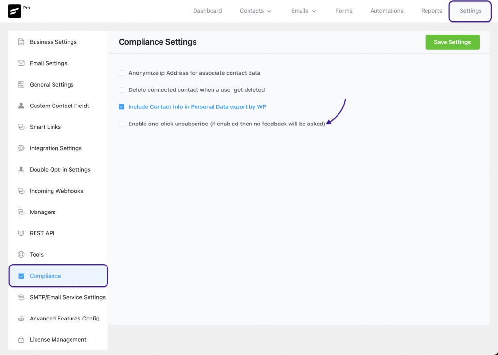 fluentcrm one click unsubscribe feature